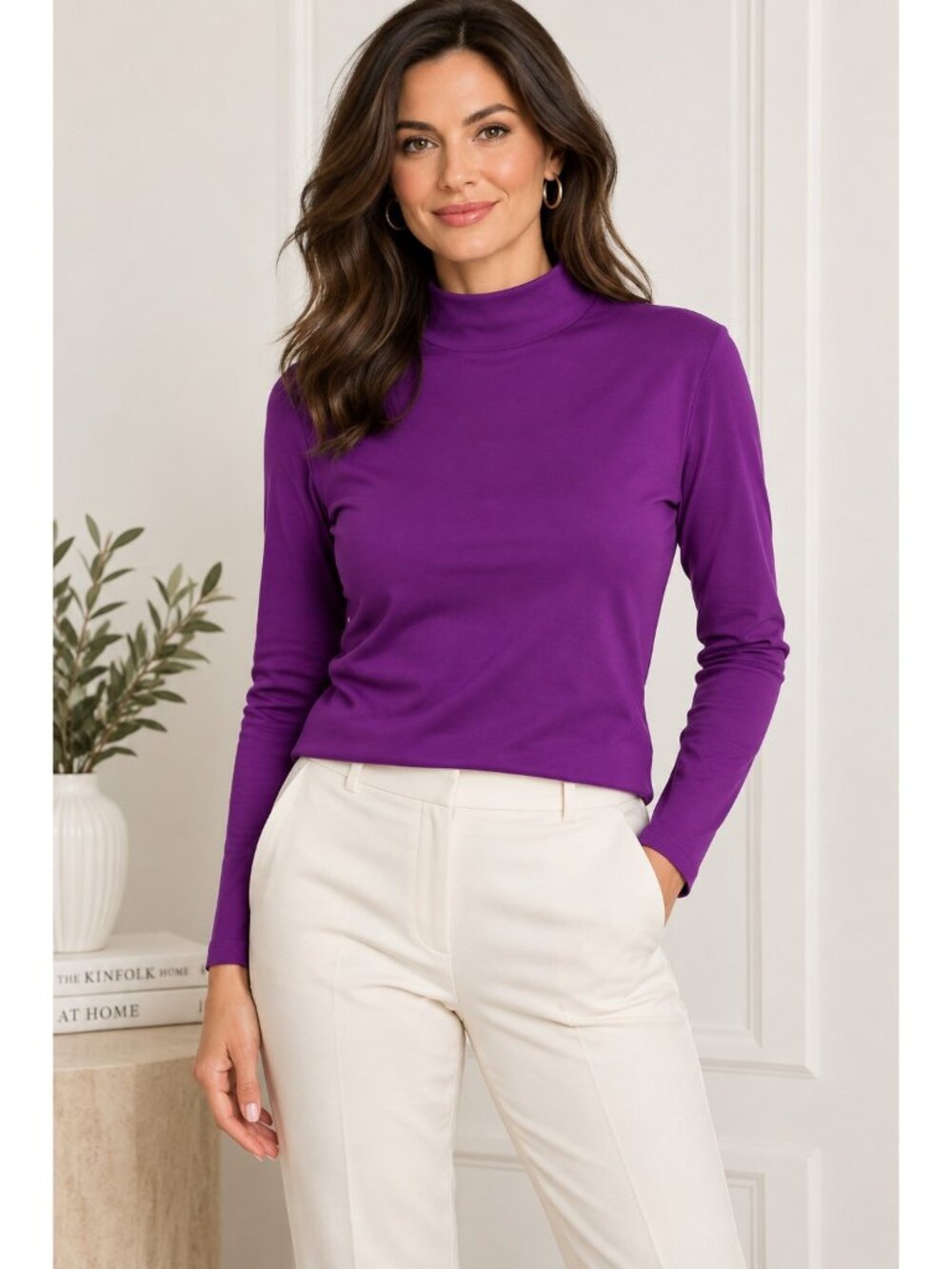 Ann Taylor L Purple Mock Neck Cotton Top Quiet Luxury Minimalist Long Sleeve NWT